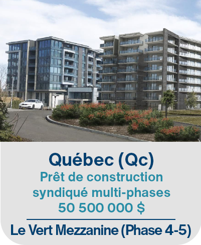 Québec (Qc), Prêt de construction syndiqué multi-phases. 50 500 000$. Le Vert Mezzanine (Phase 4-5)